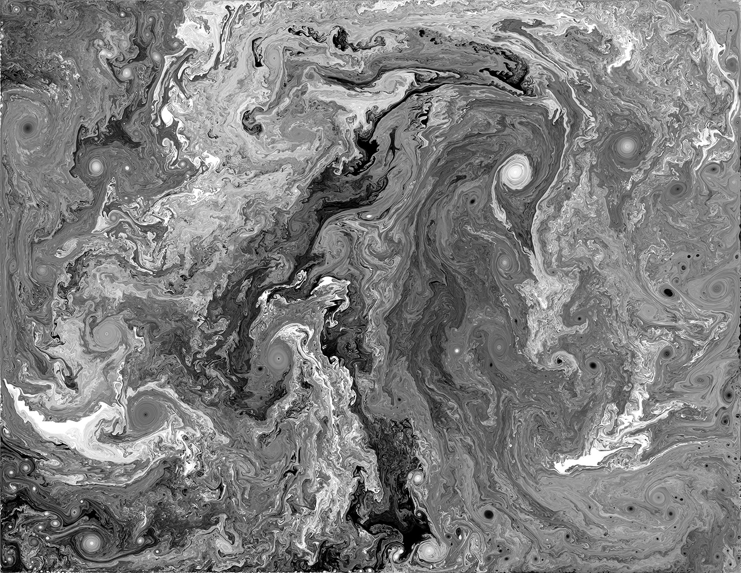 Patterns reminiscent of the swirling clouds of Jupiter, generated via a very high resolution BiMocq2 simulation.