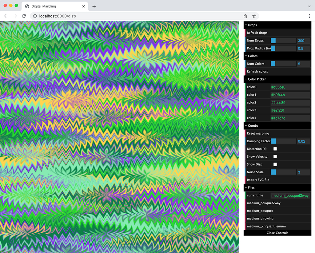 Current UI of the marbling simulator research prototype.