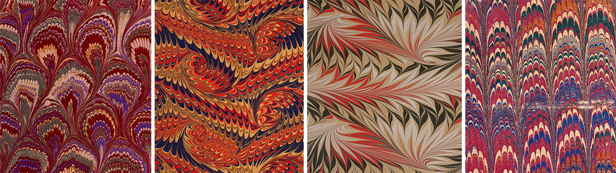 Examples of combed marbling from the <a href="https://digitalcollections.lib.washington.edu/digital/collection/dp/search">University of Washington Digital Collections</a>.  Marbled paper was traditionally used in bookbinding as a decorative endpaper.