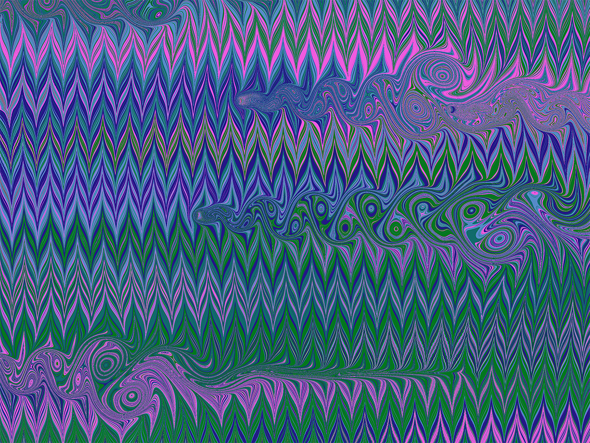 Early explorations combining digital marbling with <a href="https://en.wikipedia.org/wiki/K%C3%A1rm%C3%A1n_vortex_street">von Kármán vortex streets</a>.